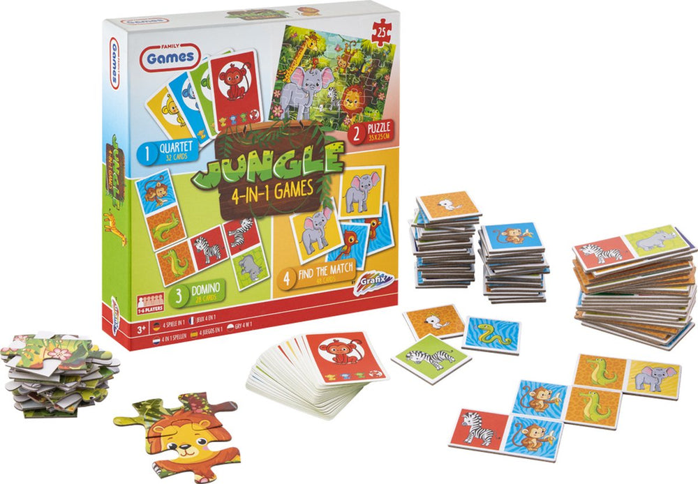 Grafix 4-in-1 kaartspellen voor kinderen | thema jungle | puzzel | denkspel | geschikt voor kinderen vanaf 5 jaar