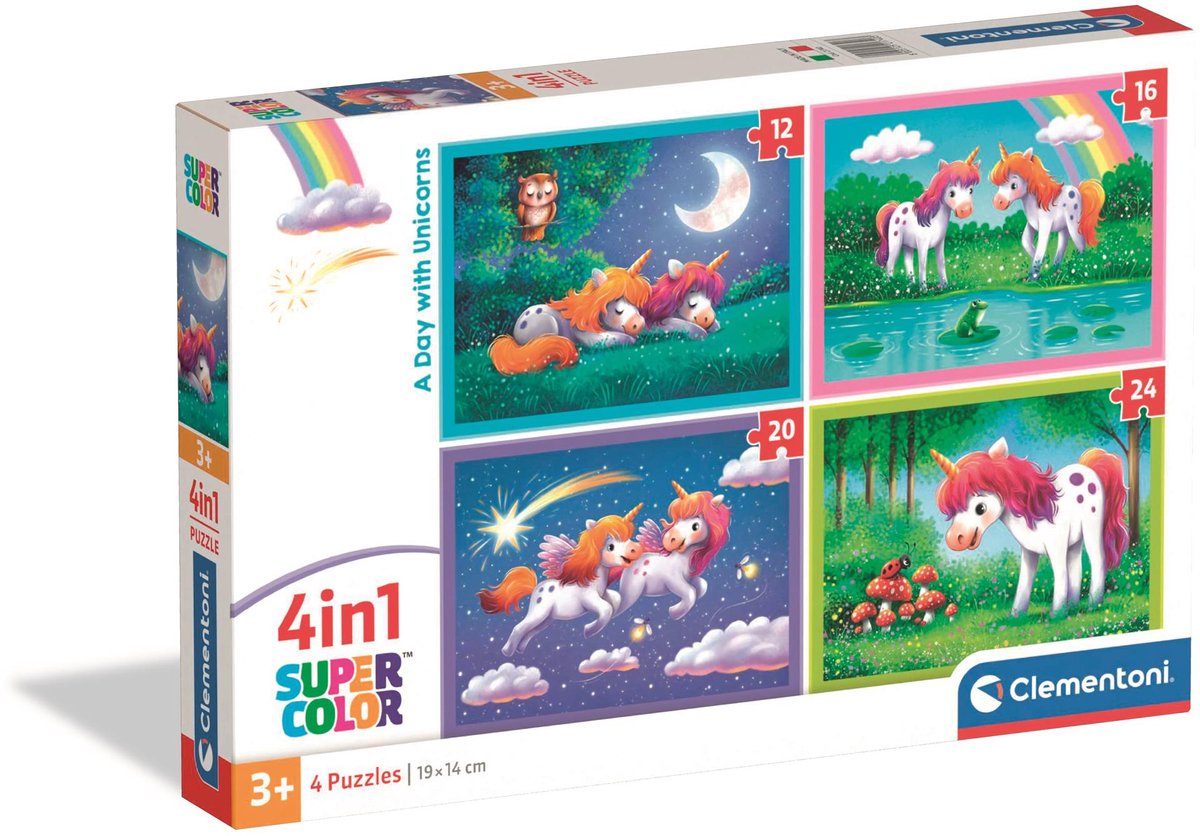 Clementoni - kinderpuzzel 4 in 1 - een dag met eenhoorns - 12, 16, 20 en 24 stukjes - vanaf 3 jaar