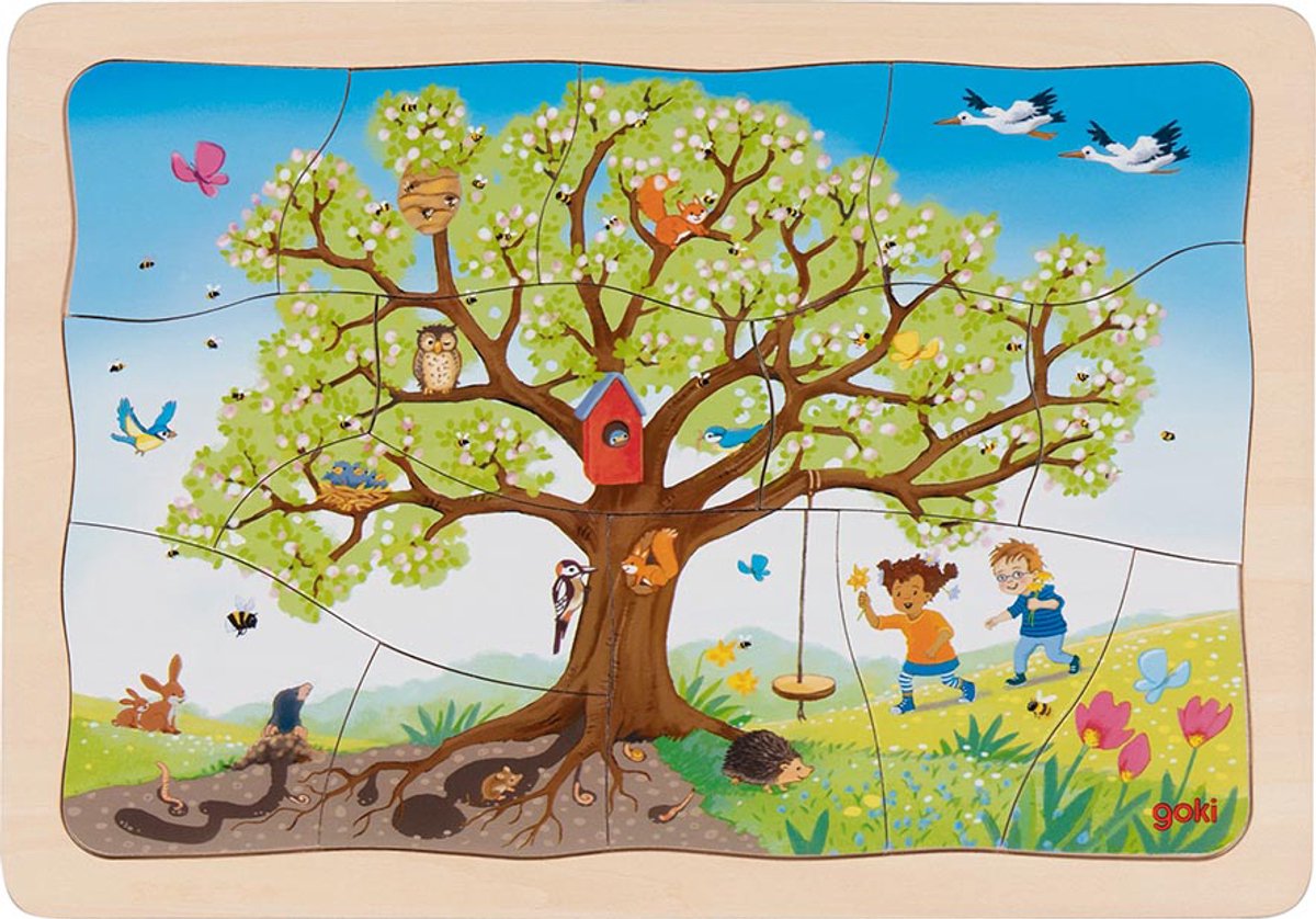 Goki puzzel - de seizoenen van de appelboom - 47 stukjes - 4 lagen - 28,5x20x1,5cm - hout - 3 jaar