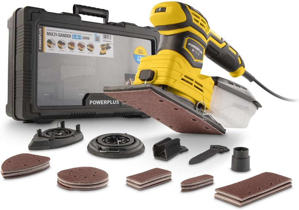 Powerplus elektrische handpalmschuurmachine 5-in-1 powxbox026 – schuurmachine 200w – 100 acc.