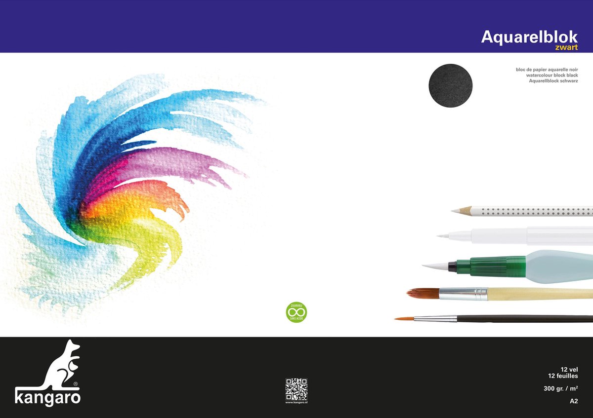 Kangaro aquarelpapier - a2 - zwart - 300 grams - 12 vel - zuurvrij - aquarelblok - tekenblok - k-5314