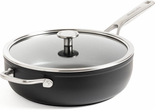 Kitchenaid forged hardened hapjespan 28cm - pfas-vrije antikleeflaag - hapjespan inductie - keramische pan - ovenbestendig tot 160°c - koudgrepen - met glazen deksel - zwart