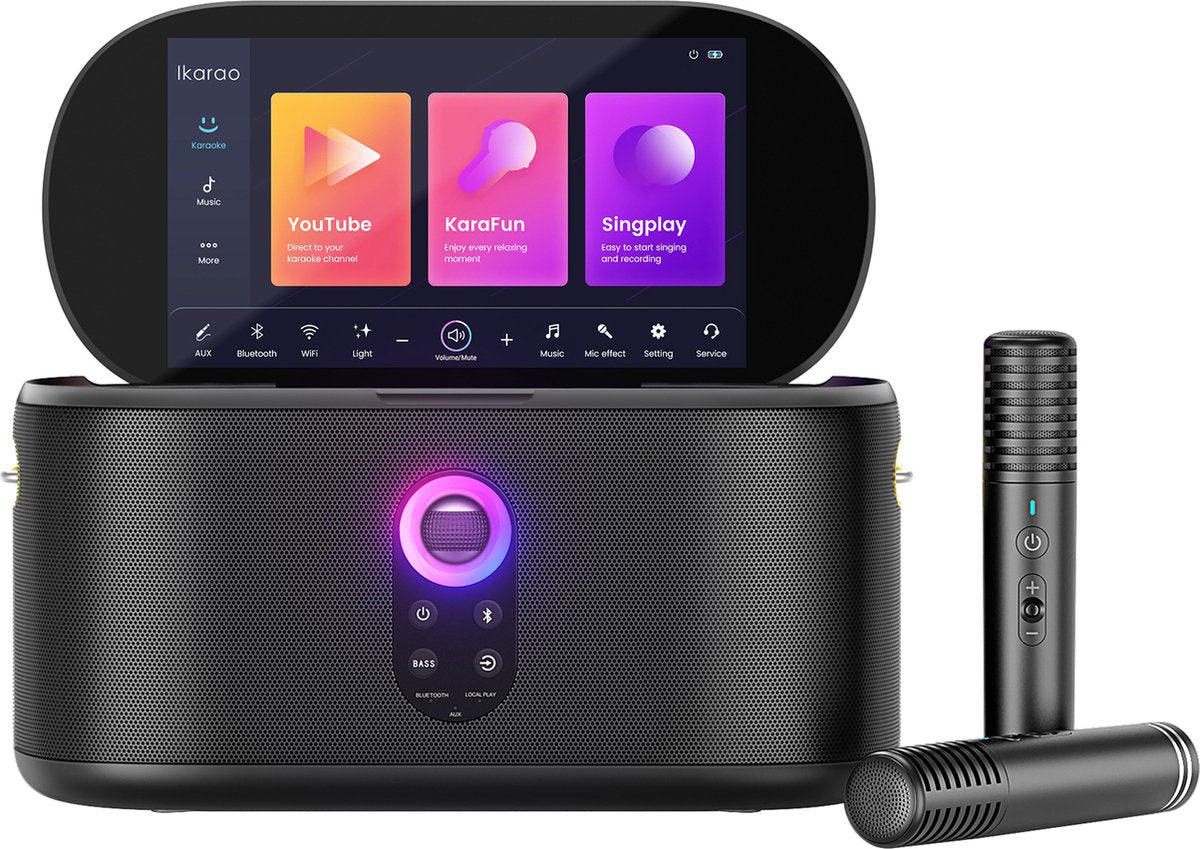 Ikarao karaoke set voor volwassenen - shell s1 - 2 draadloze microfoons - 180w - gratis karaoke app 6 maanden - hd scherm - zwart