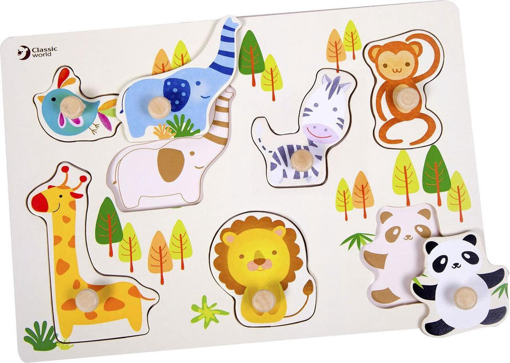 Klassieke wereld houten noppenpuzzel wilde dieren, 7st.