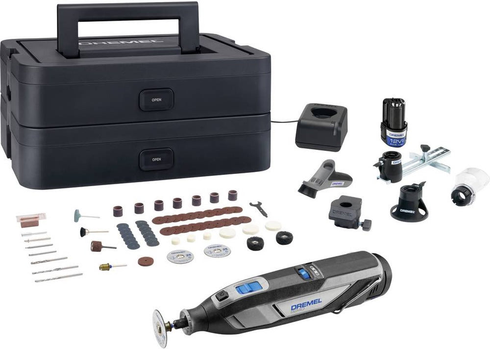 Dremel 8240 5 56 platinum editie - inclusief 2x 12v 2.0 ah accu - 65 accessoires - detailhandgreep - lijn-en cirkelgeleider - multifunctioneel freeshulpstuk - bewerkingsplatform -comfort guard hulpstuk - lader