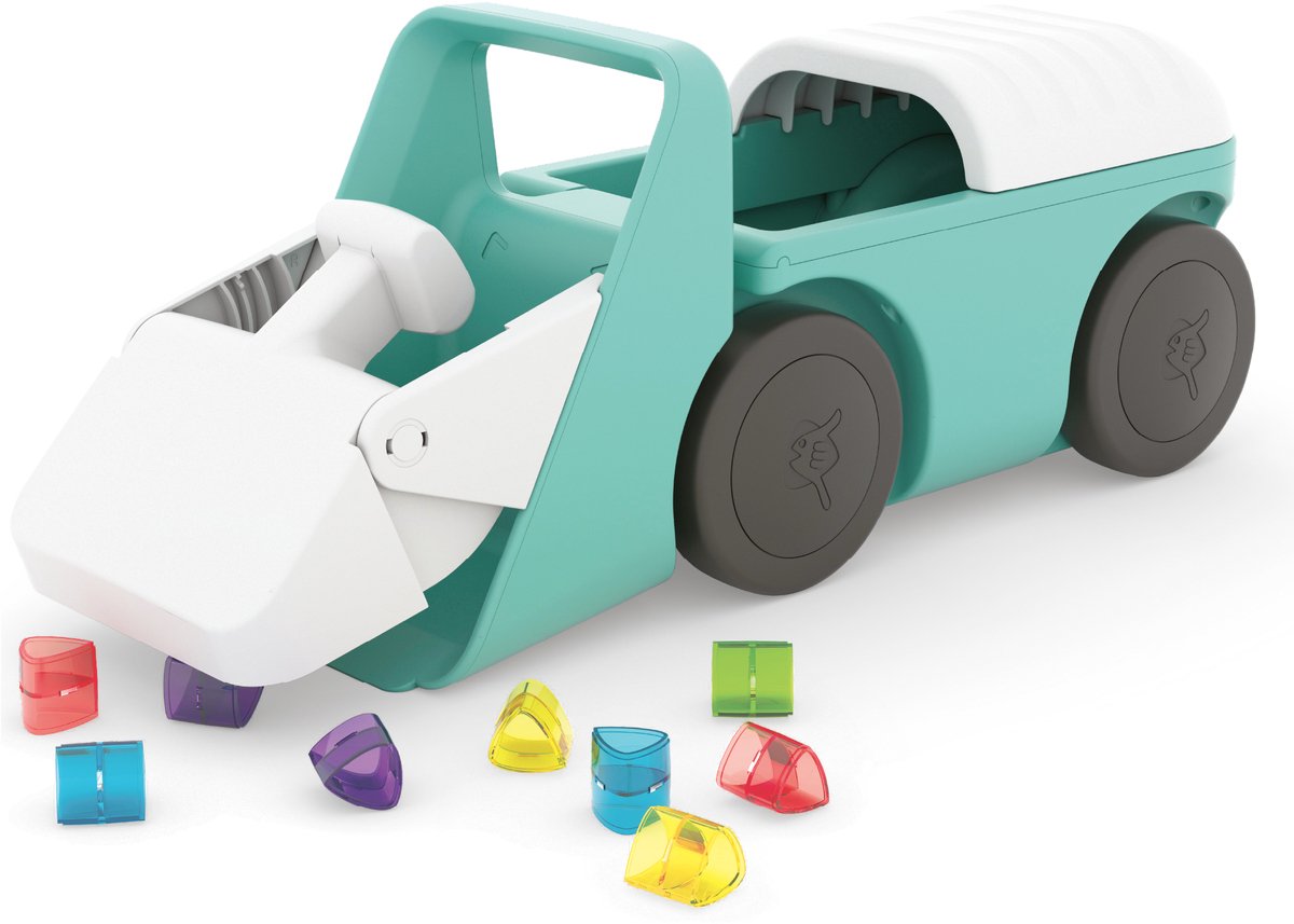 Chillafish loopauto 1 jaar met 10 speelblokken - blauw groen - loopwagen voor jongens en meisjes tot 3 jaar - lichtgewicht speelgoed met graafmachine simulatie en opbergruimte - zeer stabiel met 4 wielen - model blockie