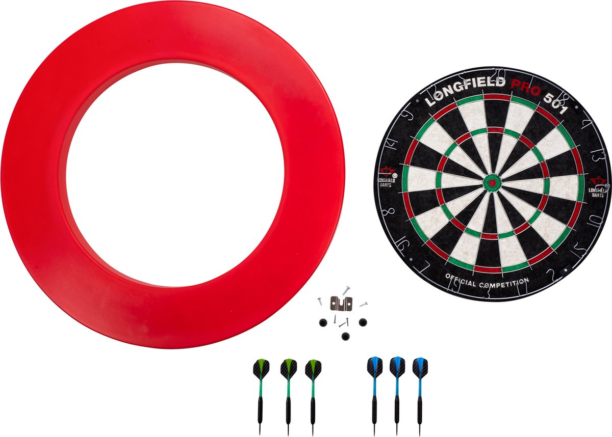 Engelhart longfield darts -dartbord pro501 inclusief surround rood en 2 sets darts.