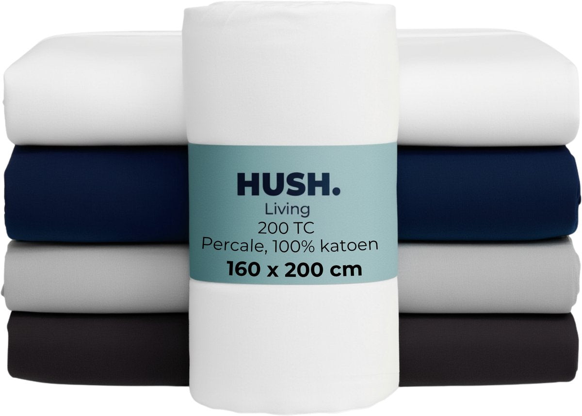 Hush. living hush living - hoeslaken percale 160x200+30cm - 100% katoen - 200tc - extra fris en koel - sterk en slijtvast - elastiek rondom - wit