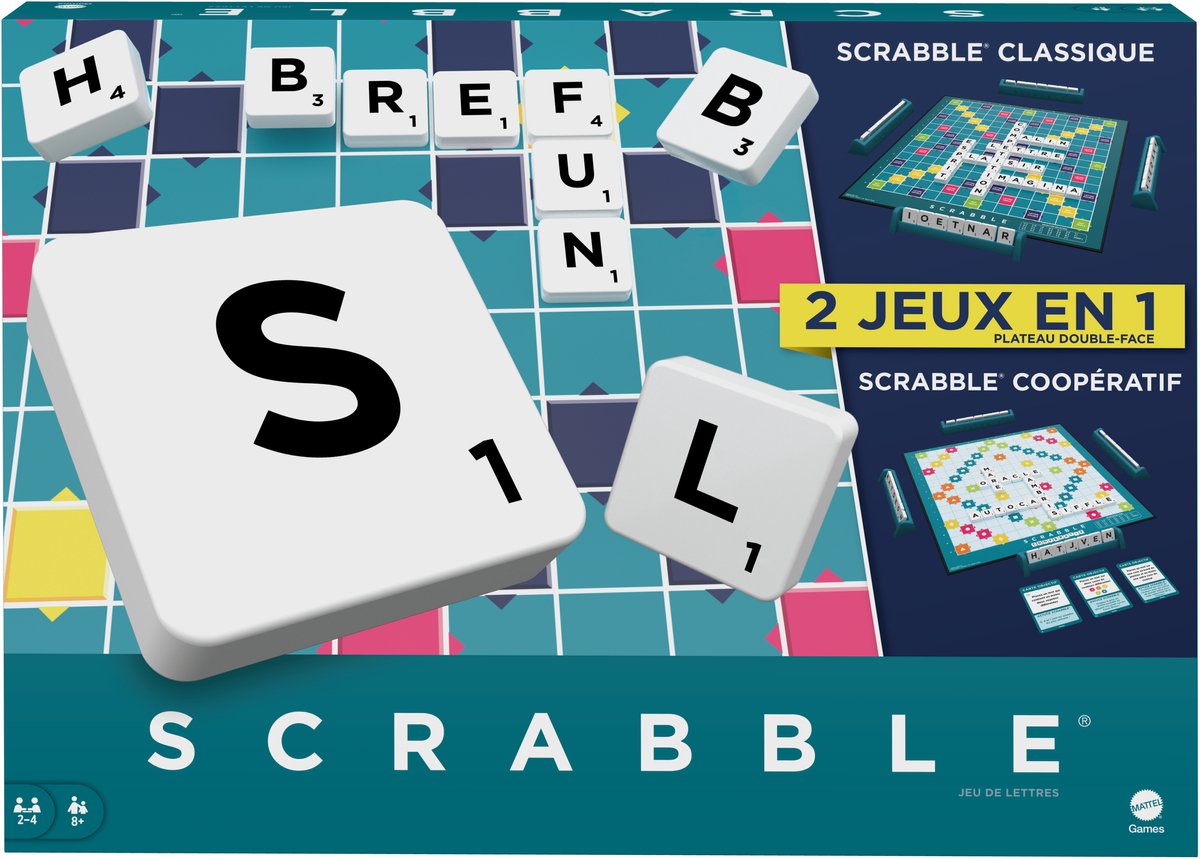 Mattel games scrabble together - bordspel - 2 jeux en 1 - franstlig