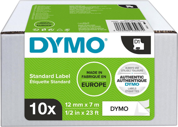 Dymo originele d1 labels | zwarte tekst op wit label | 12 mm x 7 m | zelfklevende etiketten voor de labelmanager labelprinters | 10 stuks | gemaakt in europa