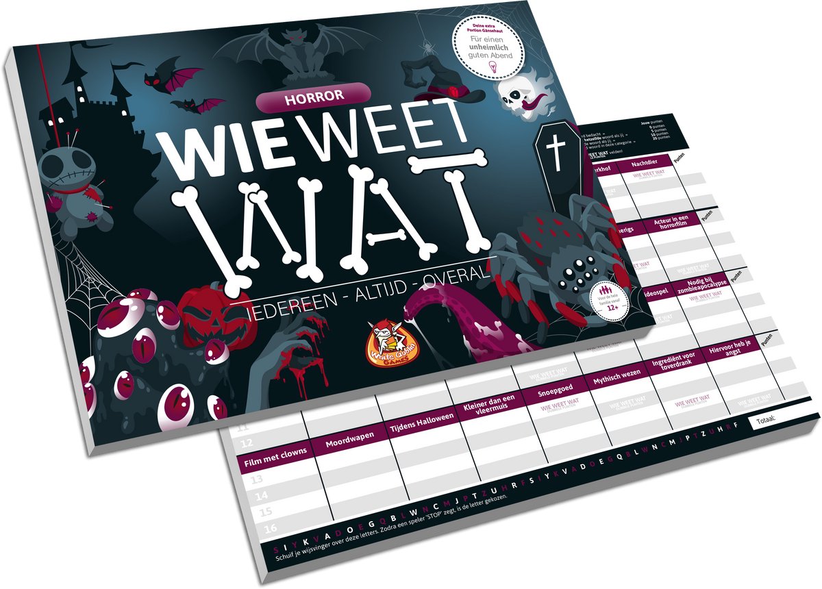 White goblin games - wie weet wat: horror - partyspel - 2 tot 10 spelers - speelt snel en de uitleg is nĂłg sneller - wie weet wat speel je altijd, met iedereen en overal - ideaal cadeau