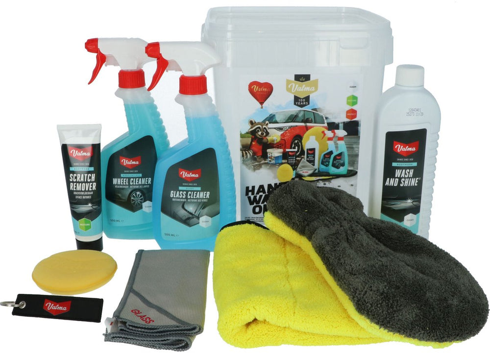 Valma poetspakket - 8 delig - emmer - wash shine - krasverwijderaar - velgenreiniger - ruitenreiniger - washandschoen - glasdoek - applicator pad - microvezel finishdoek