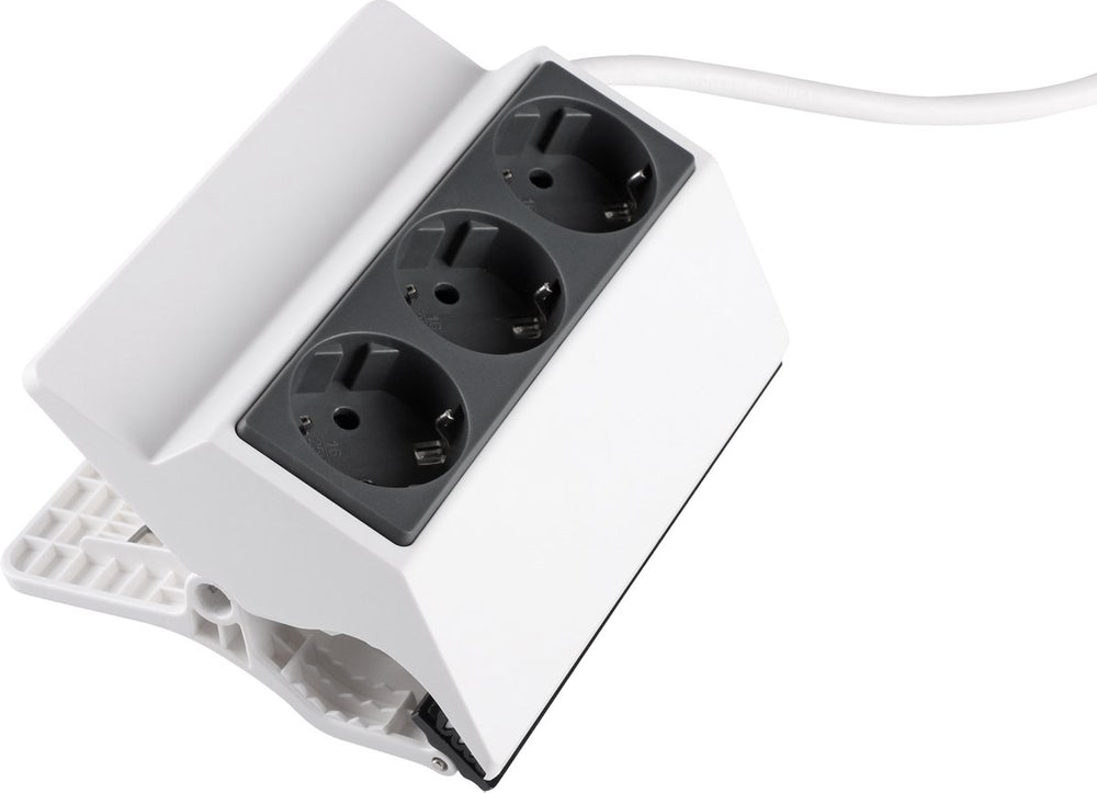 Q-link stekkerdoos – 3–voudig – met klembevestiging – platte stekker – randaarde – 3 x 1.5 mmⲠ– 3 m – wit – antraciet