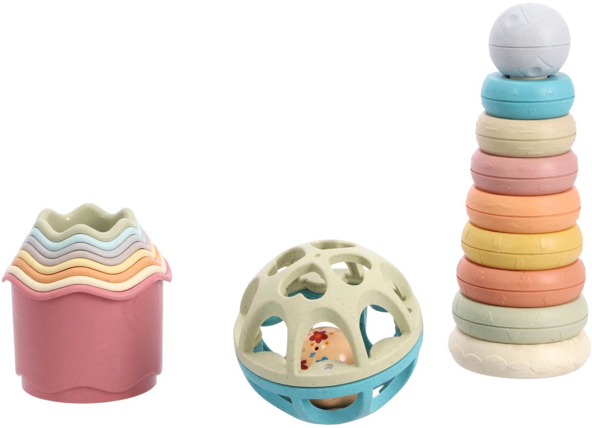 Jipy bioplastic deluxe giftset stapeltoren slechte stapelbekertjes en speel ratelbal 3 delig