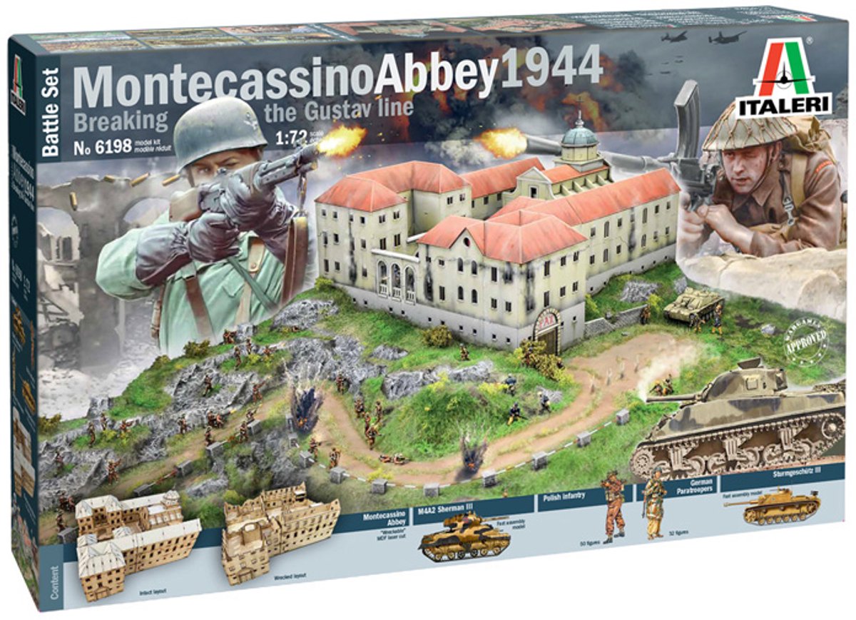 Italeri modelbouwpakket diorama - 6198 montecassino abbey 1944 breaking the gustav line - battle set plastic - 1:72 - modelbouw