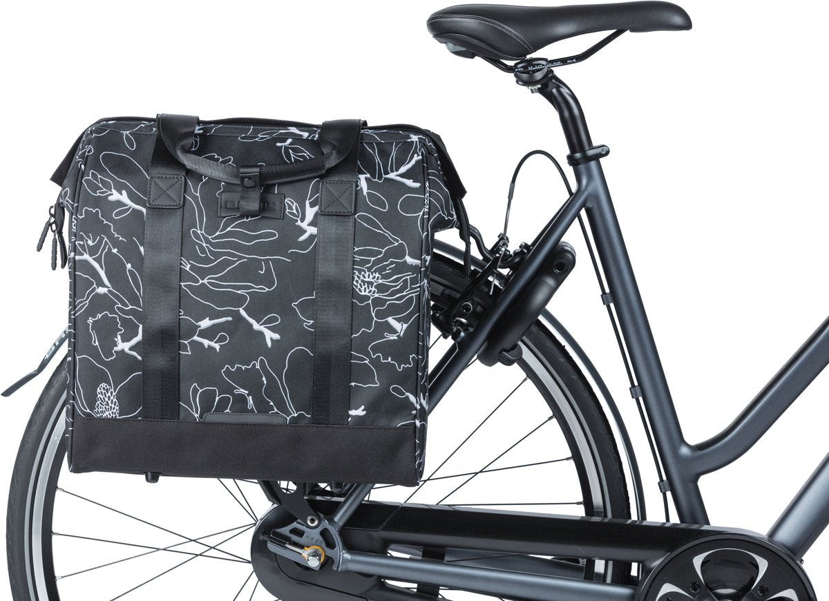 Basil Grand Flower fietsshopper - zwarte waterafstotende tas met laptopvak - 23L