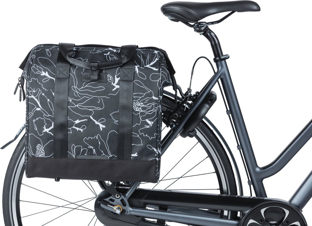 Basil Grand Flower fietsshopper - zwarte waterafstotende tas met laptopvak - 23L