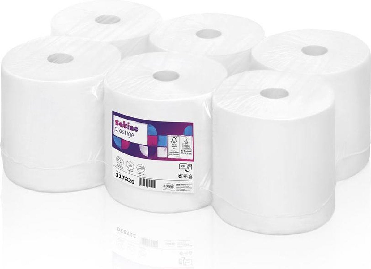 Satino handdoekrol pt1 prestige cellulose 6x150mtr 2-laags wit