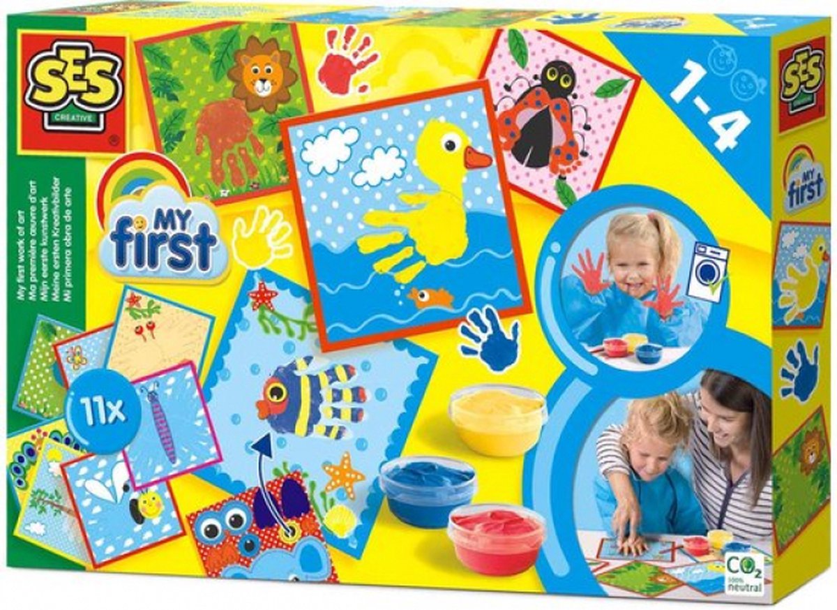 Ses creative - my first - mijn eerste kunstwerk - inclusief 3 kleuren vingerverf en 11 vrolijke kaarten - makkelijk uitwasbaar - vingerverfset 1 tot 4 jaar