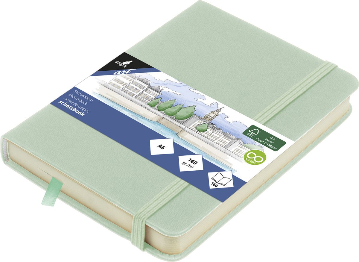 Kangaro schetsboek a6 - mint - pu hardcover - met elastiek en lint - schetsblok - schetsboeken - k-861214