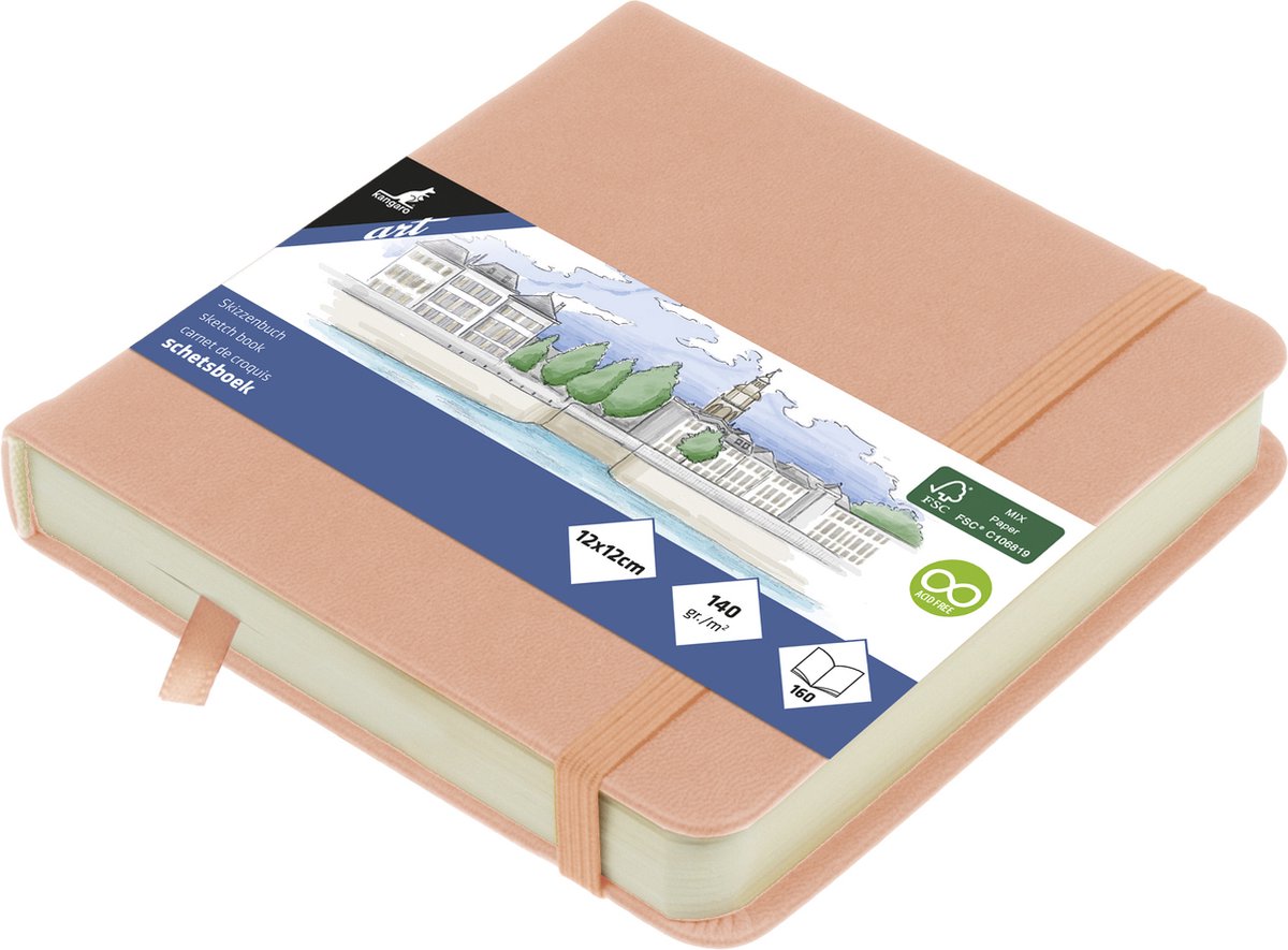 Kangaro schetsboek - 12x12cm - oudroze - pu hardcover - met elastiek en lint - k-861202