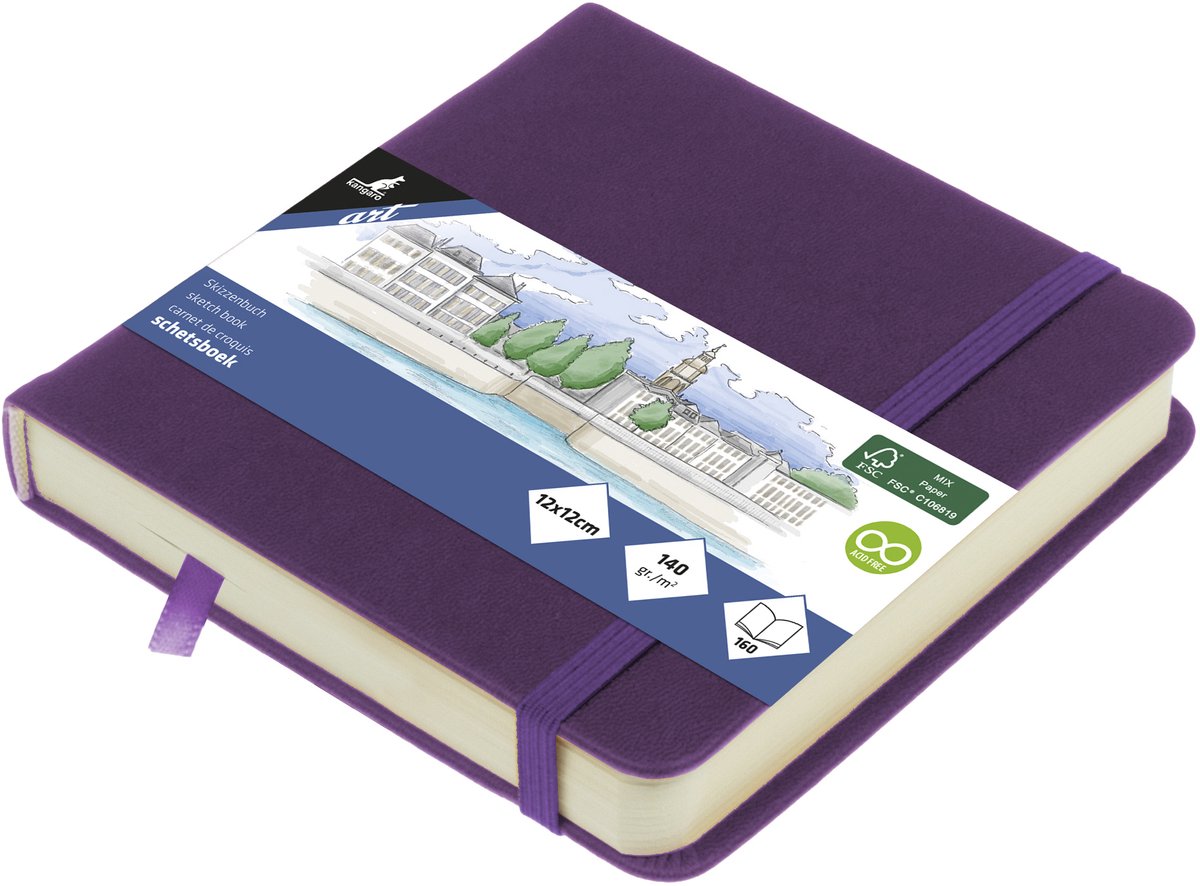 Kangaro schetsboek - 12x12cm - purple heart - met elastiek en lint