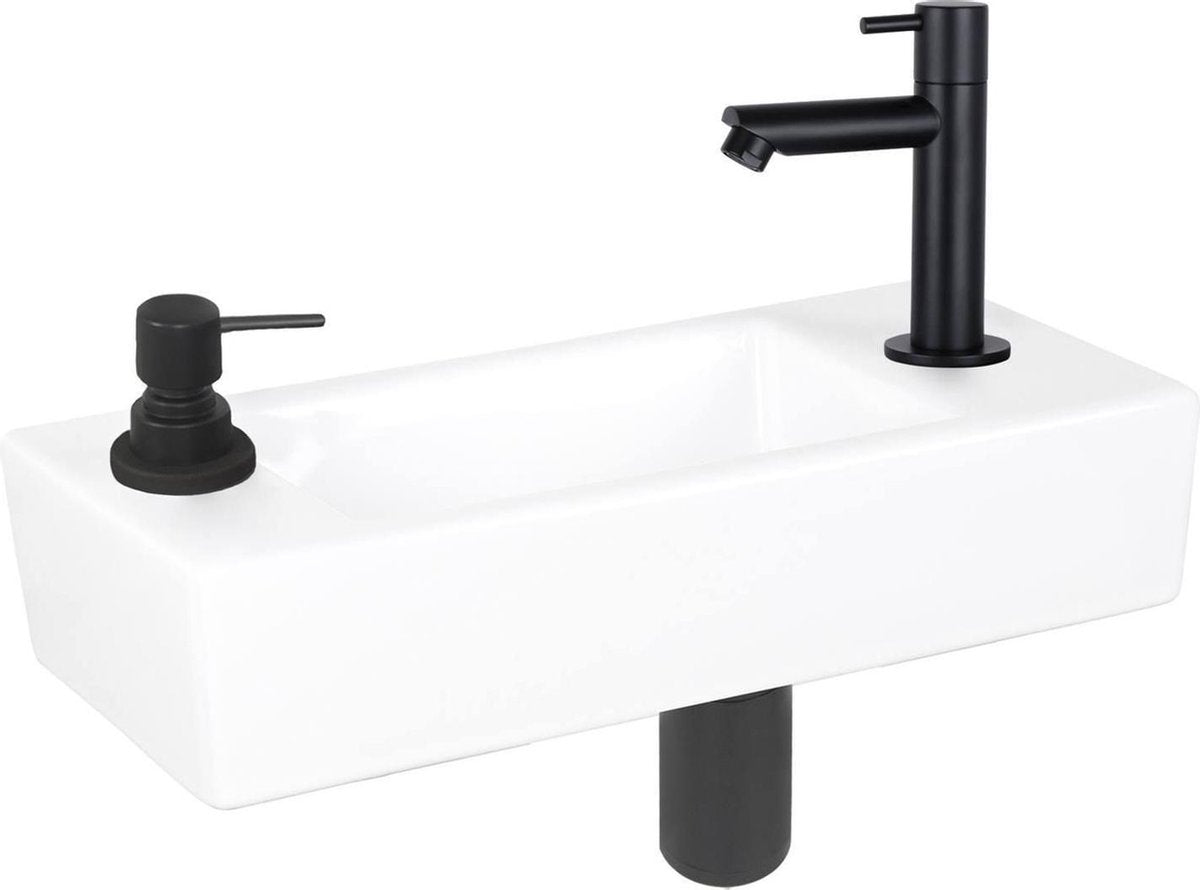 Differnz sapon fonteinset - 42.5x18.5x9cm - rechthoek - 1 kraangat - zwart mat - keramiek wit