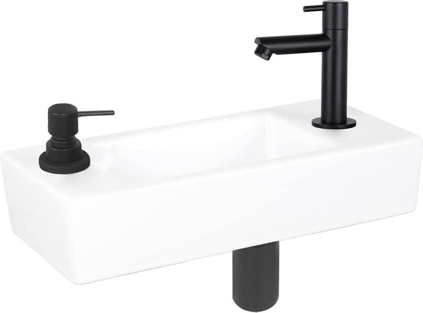 Differnz sapon fonteinset - 42.5x18.5x9cm - rechthoek - 1 kraangat - zwart mat - keramiek wit