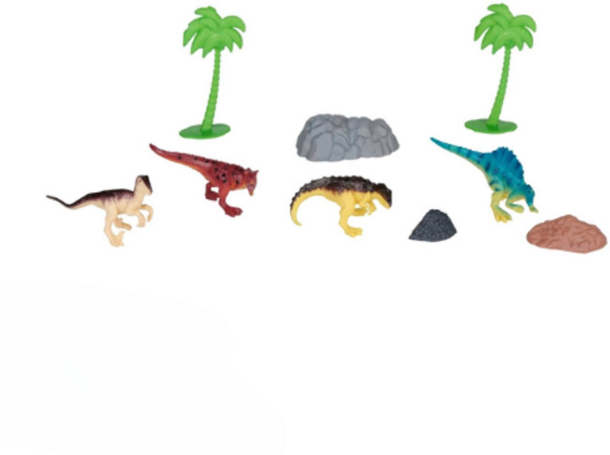 Eddy toys dino speelset - 9 stuks - dino figuren met palmbomen en rotselementen - speelgoed figuurtjes - dieren figuren - dinosaurus speelgoed 3+