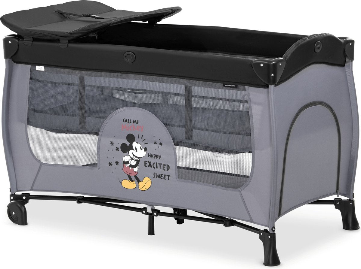 Hauck sleep n play center - 120 x 60 cm - campingbedje - bodemverhoger - verschoonblad - wielen zijopening - mickey mouse grey