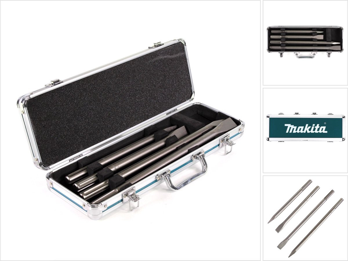 Makita accessoires 4-delige sds max beitelset: punt, vlak in aluminium koffer d-42466 - d-42466