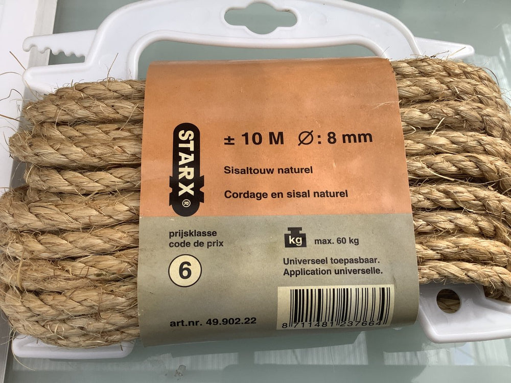 Starx . krab paal touw. sisal touw. naturel 8 mm dik. 10 meter lang 60 kg trekkracht.