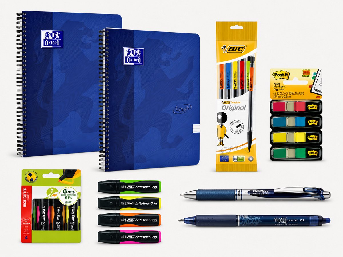 Diverse merken back to school - schoolset - spiraalblok a4, pennen, markeerstiften, indextabs vulpotloden - blauw