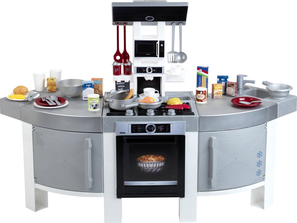 Klein toys bosch 'mega speelkeuken - 120x45x95cm - incl. koffiezetapparaat, gootsteen, oven en kookgerei - grijs zwart