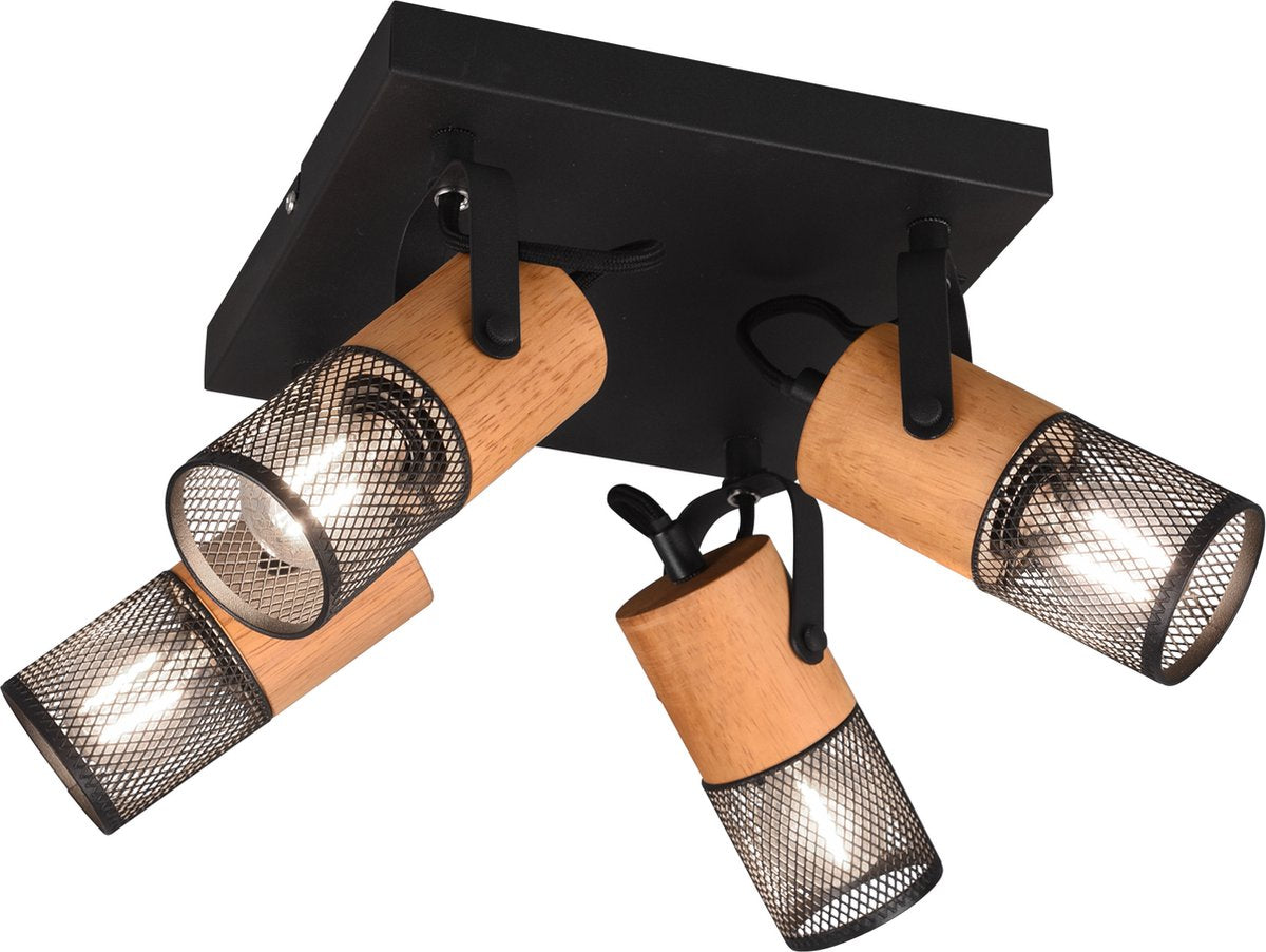 Trio tosh - spot - zwart mat - excl. 4x e14 40w - plafondspot - houten elementen