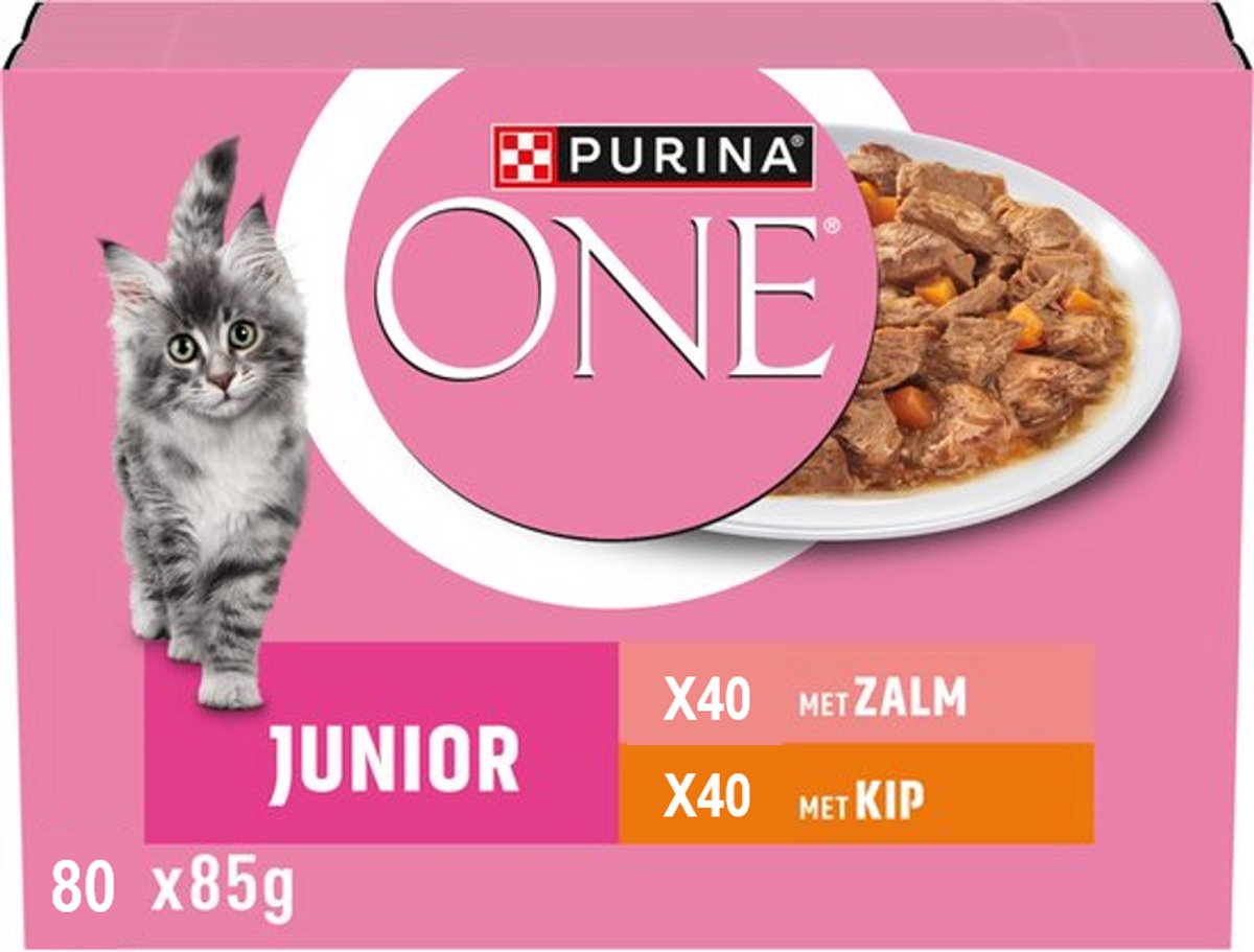 Purina one junior - kattenvoer natvoer - kip zalm 80 x 85 gr