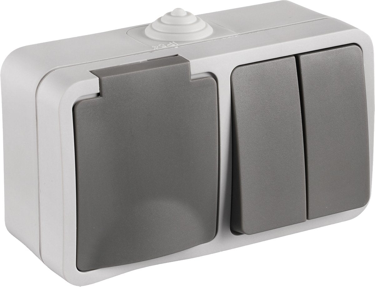 Q-link buitenstopcontact met serieschakelaar – combinatie wandcontactdoos vierkant – opbouw stopcontact – ip54 spatwaterdicht – grijs