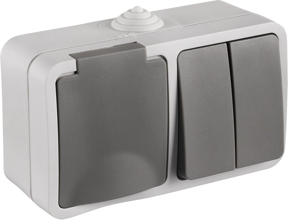 Q-link buitenstopcontact met serieschakelaar – combinatie wandcontactdoos vierkant – opbouw stopcontact – ip54 spatwaterdicht – grijs