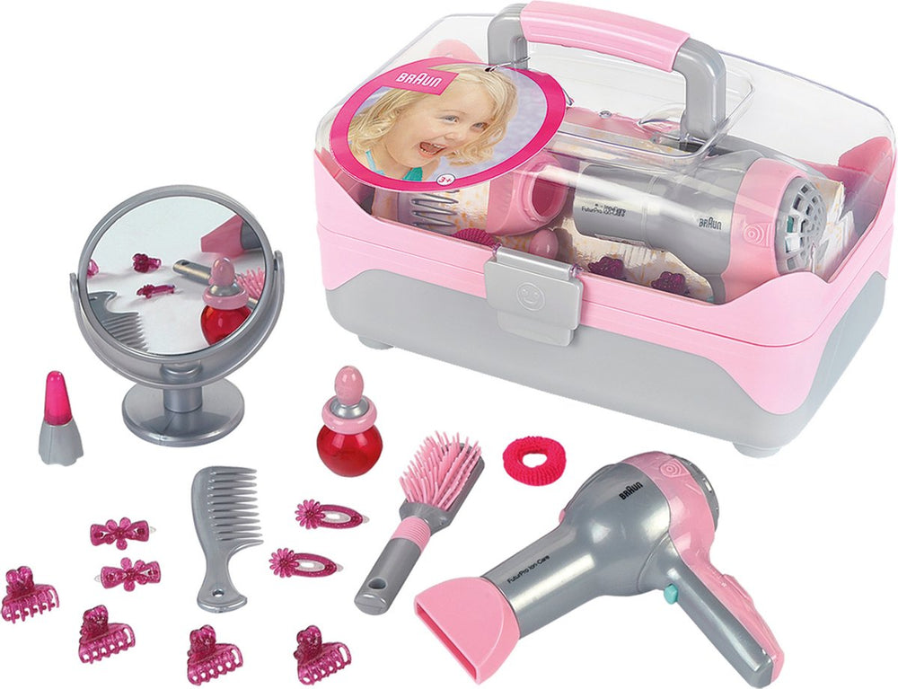 Klein toys braun hairstyling koffer met haardroger - haaraccessoires, spiegel, lippenstift en parfum - incl. ventilator met koude-lucht-mechanisme - roze grijs