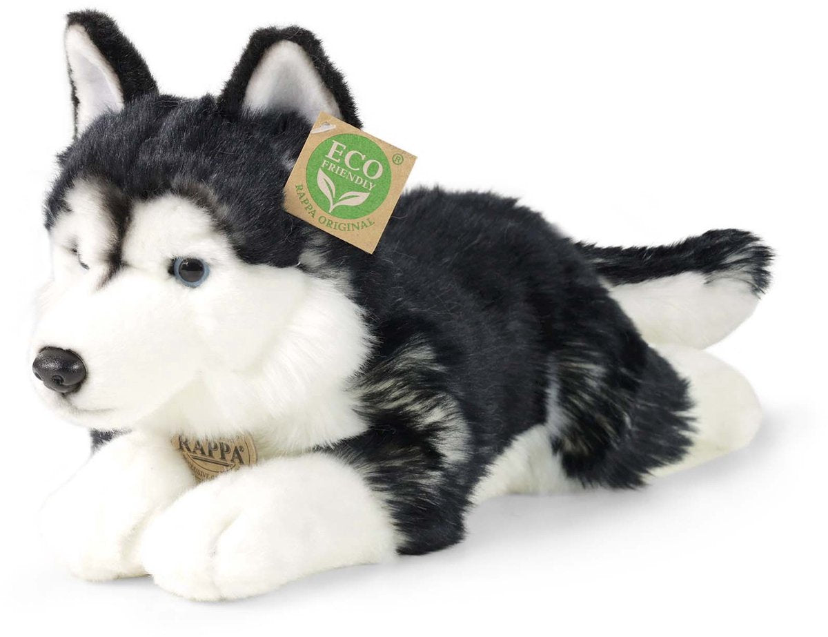 Rappa eco knuffel husky 36 cm - realistische knuffel van recyclede pet flessen - zwart, wit