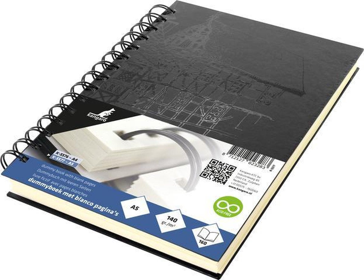 Kangaro dummyboek - a5 - zwart met design - met spiraal - 160 blanco pagina's - 140 grams crã¨me papier - hard cover - k-5577