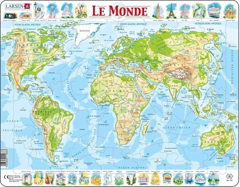 Larsen carte topographique du monde – puzzle – monde – géographie physique – puzzle éducatif pour enfants – 80 pièces – fabriqué en norvège – pièces extra épaisses de 2,5 mm – plateau avec bord fixe