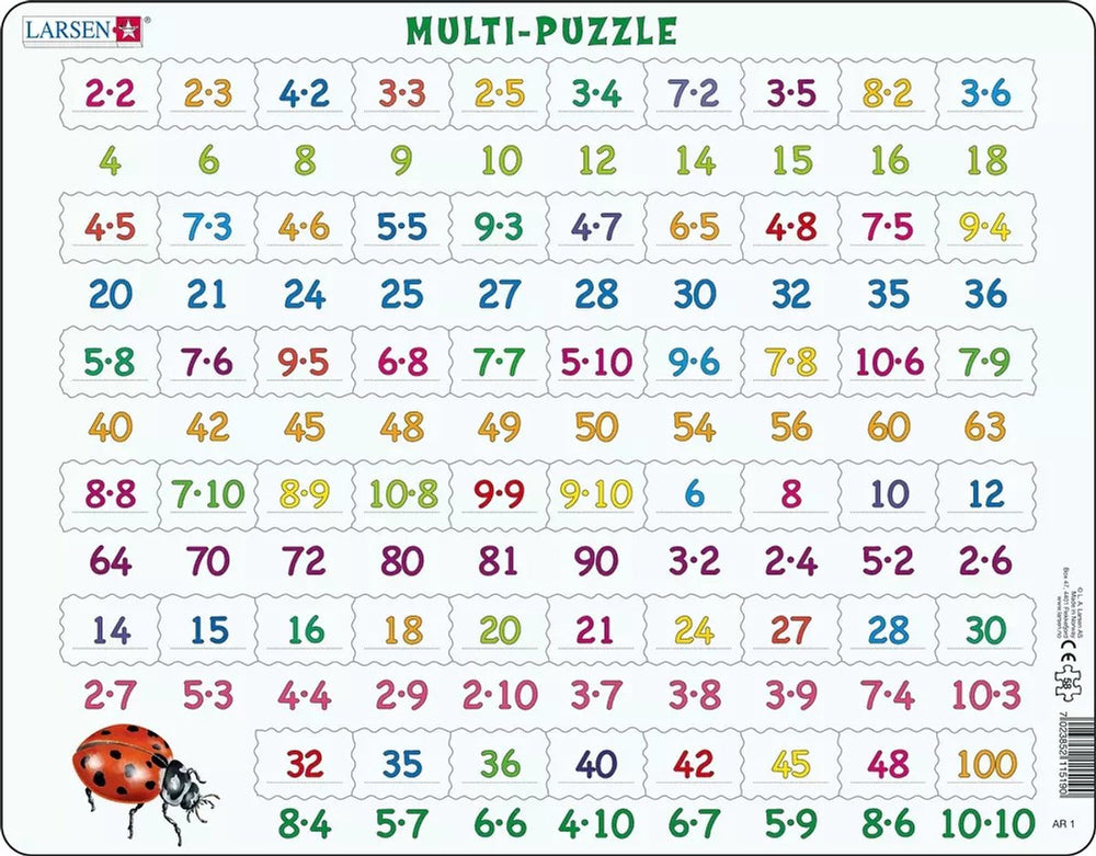 Larsen vermenigvuldigen – puzzel – leren rekenen – vermenigvuldigen – educatieve legpuzzel voor kinderen – 58 stukjes – gemaakt in noorwegen – extra dikke 2,5 mm stukjes – tray met vaste rand
