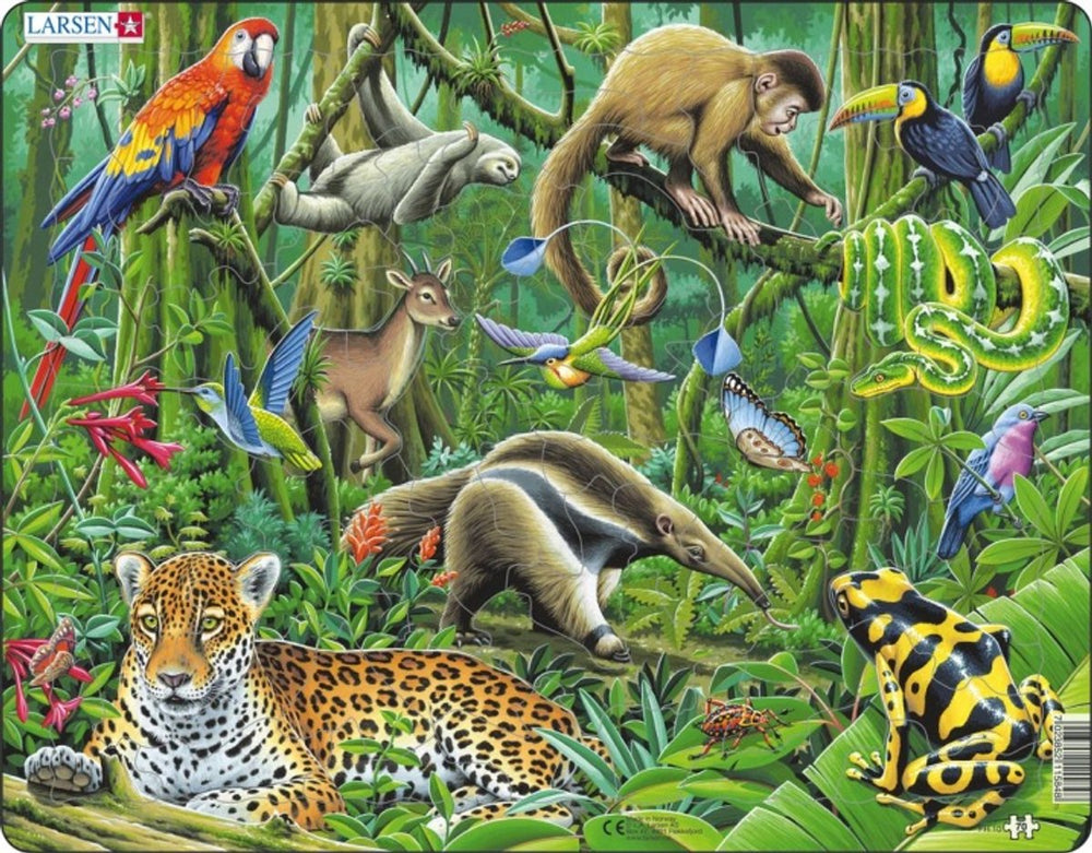 Larsen zuid-amerikaans regenwoud – puzzel – dieren – regenwoud – educatieve legpuzzel voor kinderen – 70 stukjes – gemaakt in noorwegen – extra dikke 2,5 mm stukjes – tray met vaste rand