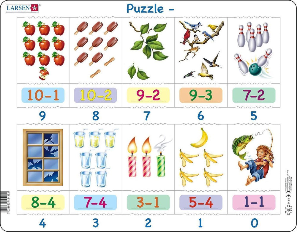 Larsen aftrekken – puzzel – leren rekenen – aftrekken – educatieve legpuzzel voor kinderen – 20 stukjes – gemaakt in noorwegen – extra dikke 2,5 mm stukjes – tray met vaste rand