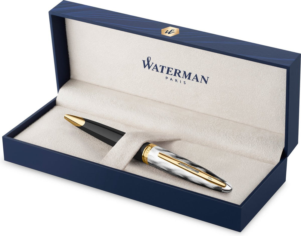 Waterman carene balpen | metaal en zwarte lak met gouden detail en gebeitelde dop | medium punt | met geschenkdoos
