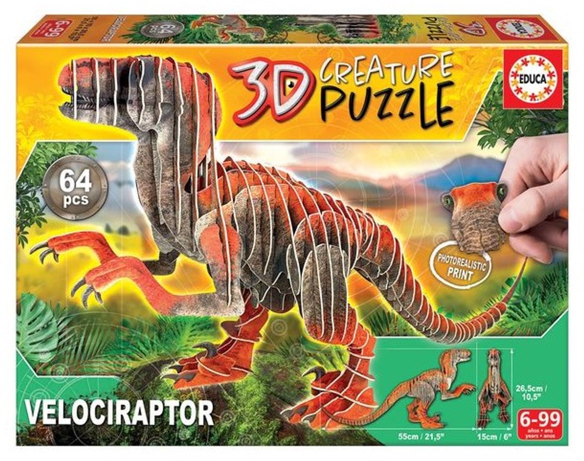 Educa - puzzel - 64 stuks - velociraptor 3d