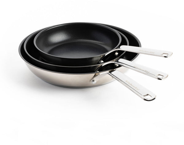 Kitchenaid stainless steel koekenpannenset 3-delig 20 24 28cm - pfas-vrije antikleeflaag - pannenset inductie - keramische pan - ovenbestendig tot 220°c - zilver
