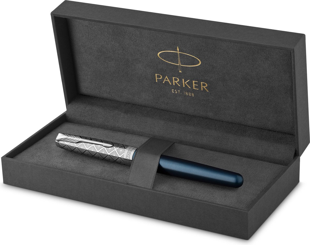 Parker sonnet vulpen | roestvrij staal en blauwe lak | fijne penpunt met zwarte inkt navulling | geschenkdoos