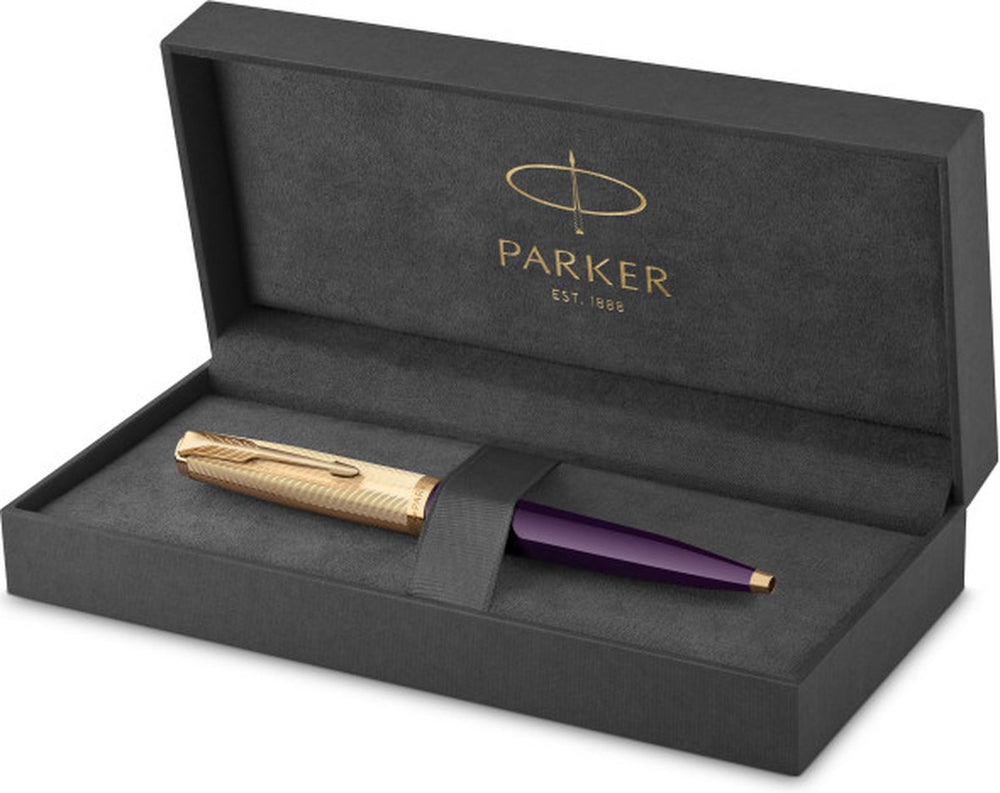 Parker 51 balpen | pruimkleurige hars met gouden detail | medium punt en zwarte inkt | met geschenkdoos